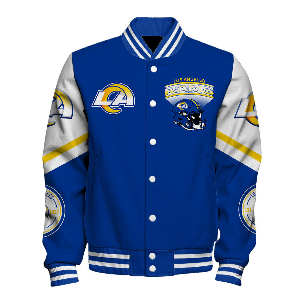 Los Angeles Rams Large Helmet Graphic and Bold Classic Team Logo Design Varsity Jacket
