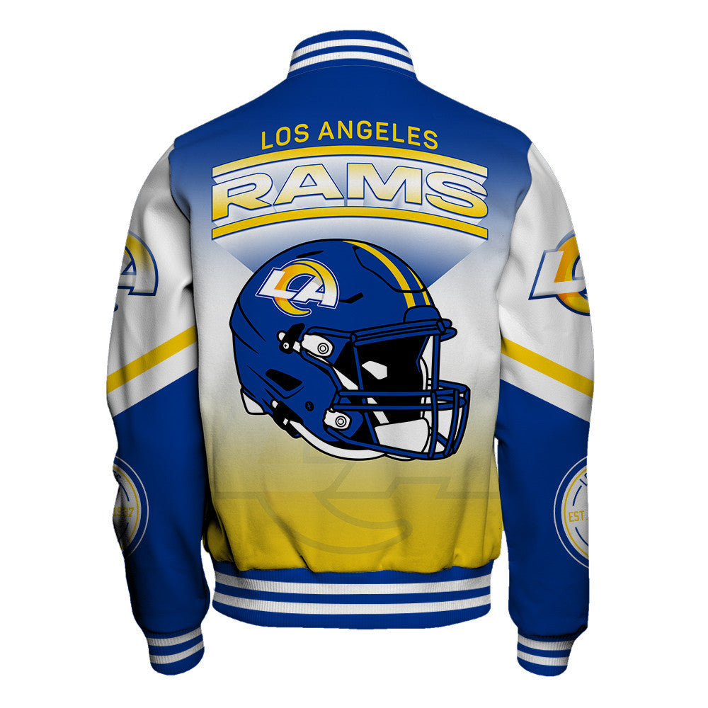 Los Angeles Rams Large Helmet Graphic and Bold Classic Team Logo Design Varsity Jacket