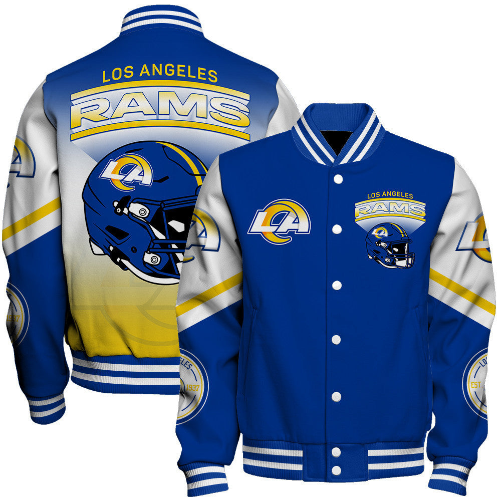 Los Angeles Rams Large Helmet Graphic and Bold Classic Team Logo Design Varsity Jacket