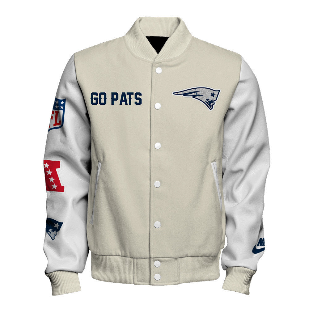 New England Patriots Cream Color Block & Contrasting White Sleeves Varsity Jacket