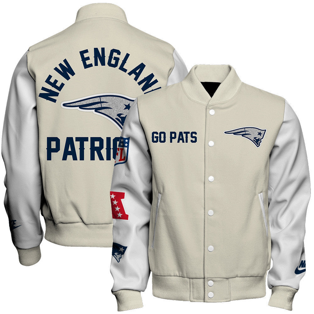 New England Patriots Cream Color Block & Contrasting White Sleeves Varsity Jacket