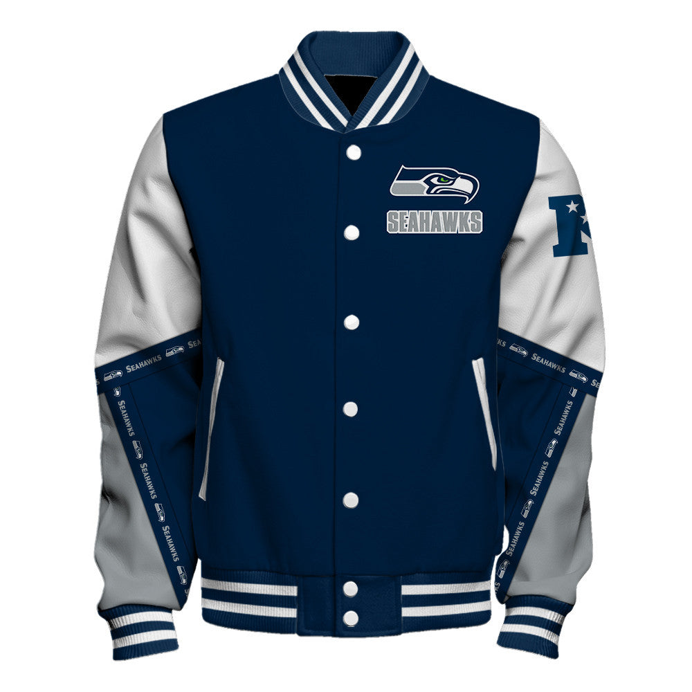 Seattle Seahawks Dynamic Design With Large Logo And Impressive Diagonal Lines Varsity Jacket