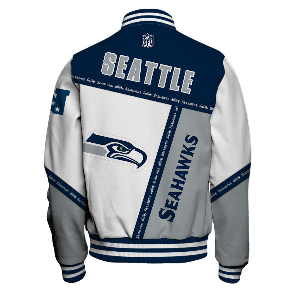 Seattle Seahawks Dynamic Design With Large Logo And Impressive Diagonal Lines Varsity Jacket