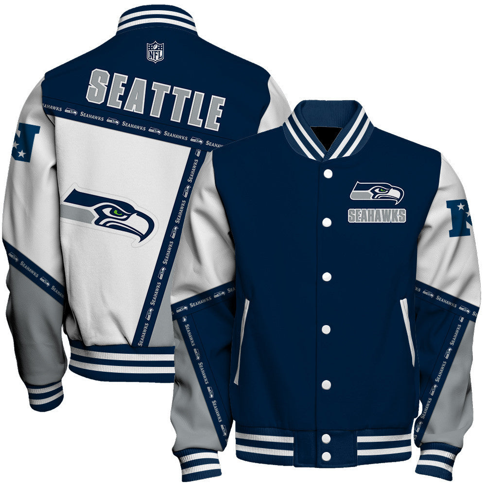 Seattle Seahawks Dynamic Design With Large Logo And Impressive Diagonal Lines Varsity Jacket