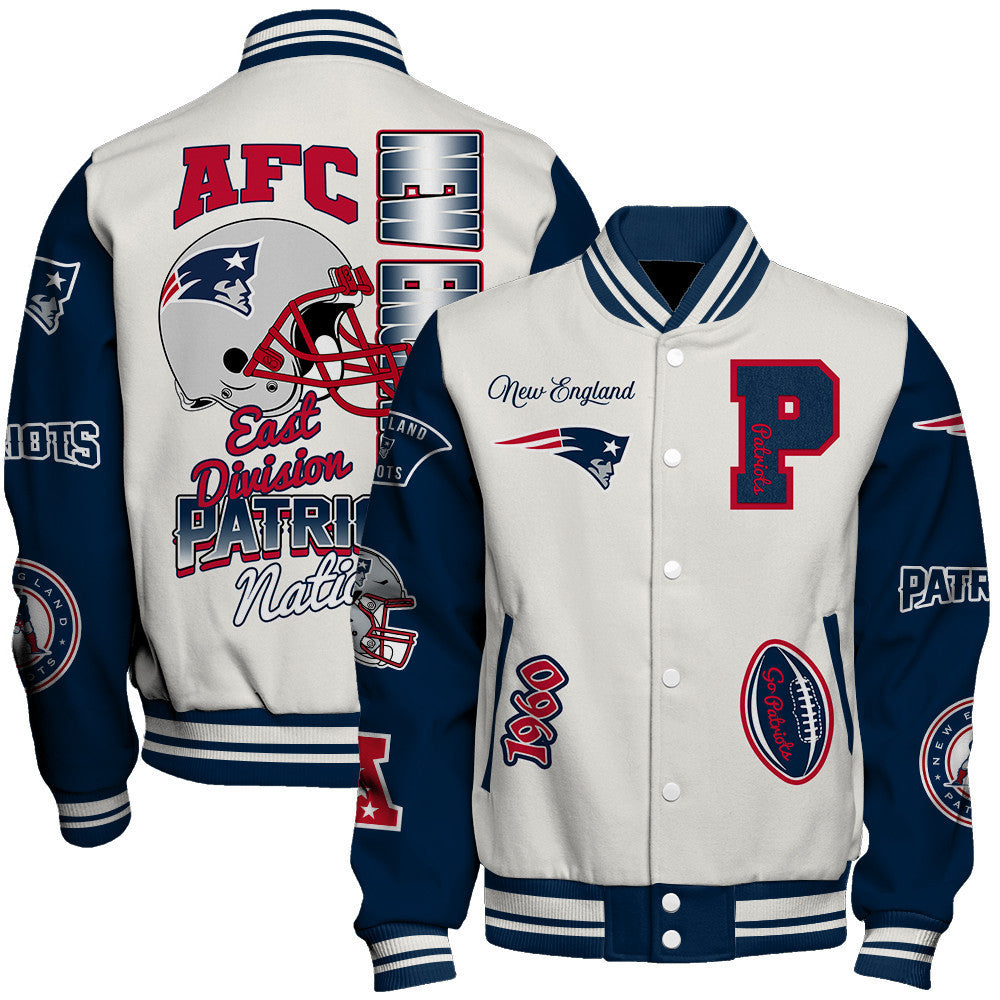 New England Patriots Nation Primary Logo Sports Night Classic Varsity Jacket