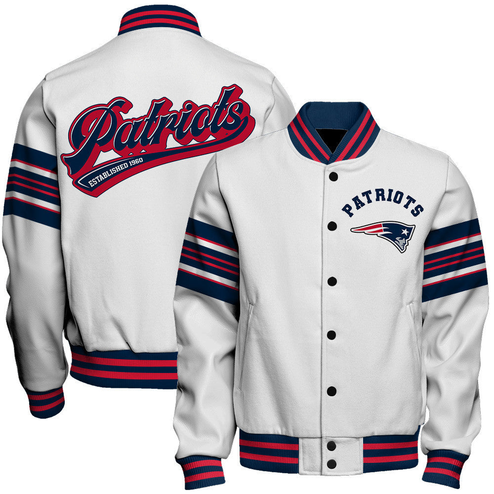 New England Patriots Classic Colorway, Bold Embroidered Art Logo Details Varsity Jacket