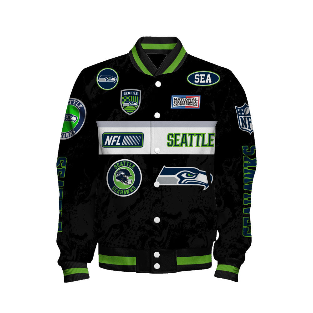 Seattle Seahawks Unique Badge/Patchwork and Horizontal Stripe Detailing Varsity Jacket