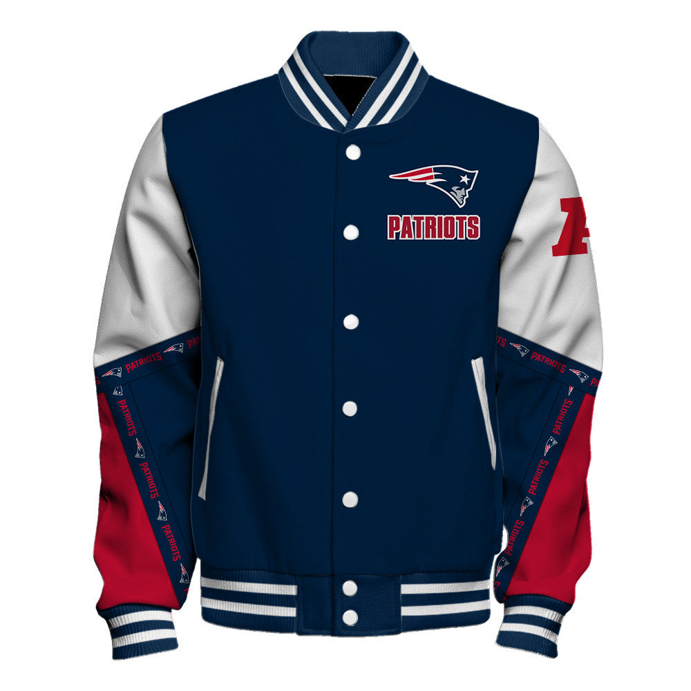 New England Patriots Dynamic Design With Large Logo And Impressive Diagonal Lines Varsity Jacket