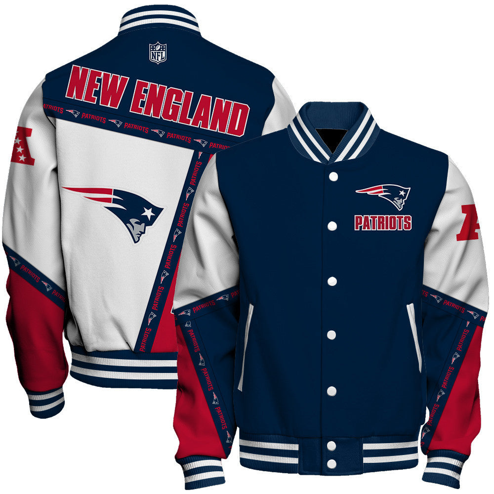 New England Patriots Dynamic Design With Large Logo And Impressive Diagonal Lines Varsity Jacket