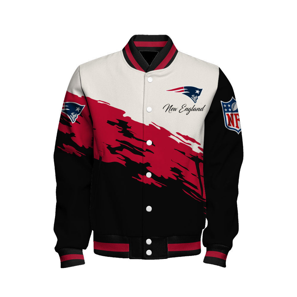 New England Patriots Dynamic Color-Blocking Design and Signature Lettering Varsity Jacket