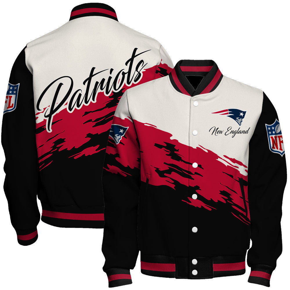 New England Patriots Dynamic Color-Blocking Design and Signature Lettering Varsity Jacket