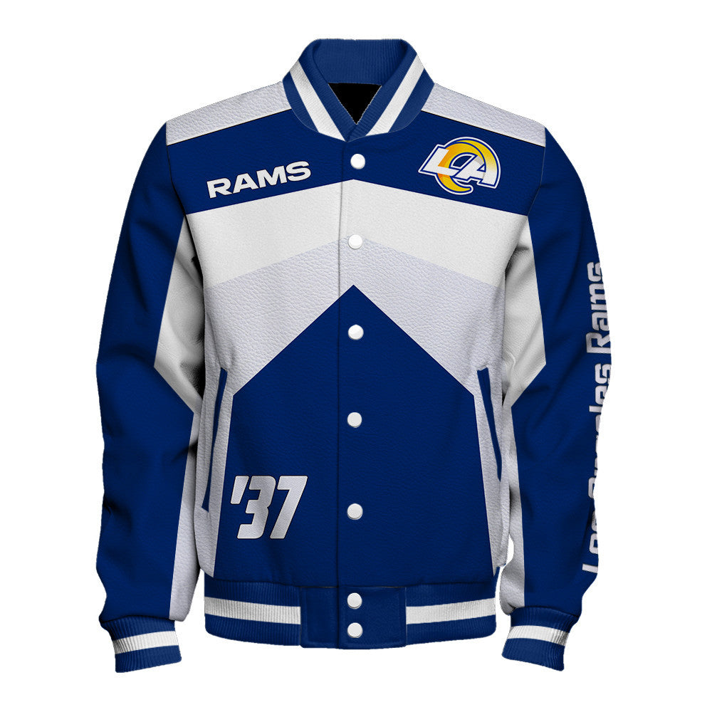 Los Angeles Rams Striped Collar & Highly Unique Vertical Lettering on Sleeves Varsity Jacket