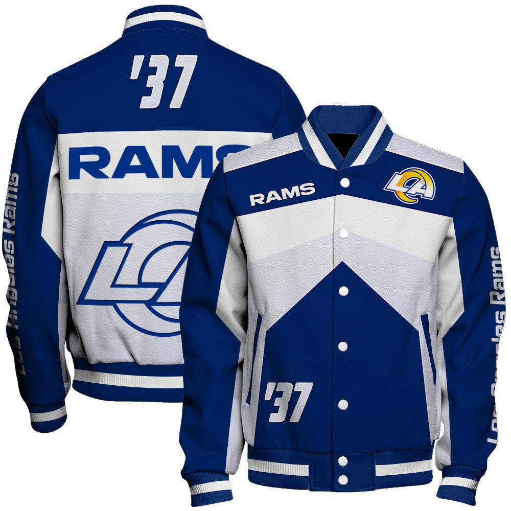 Los Angeles Rams Striped Collar & Highly Unique Vertical Lettering on Sleeves Varsity Jacket