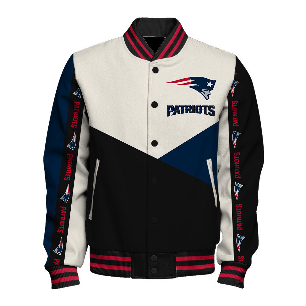 New England Patriots Striped Cuffs & Logo Details Down the Sleeves Varsity Jacket