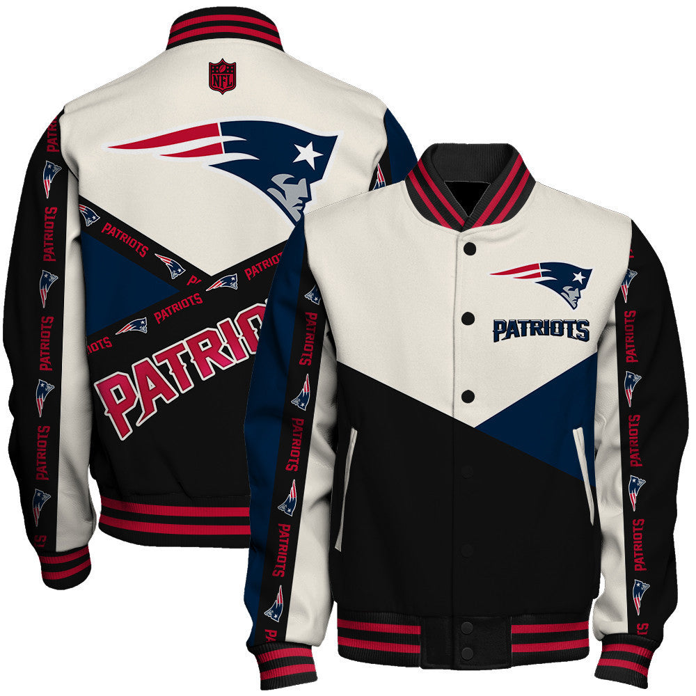 New England Patriots Striped Cuffs & Logo Details Down the Sleeves Varsity Jacket