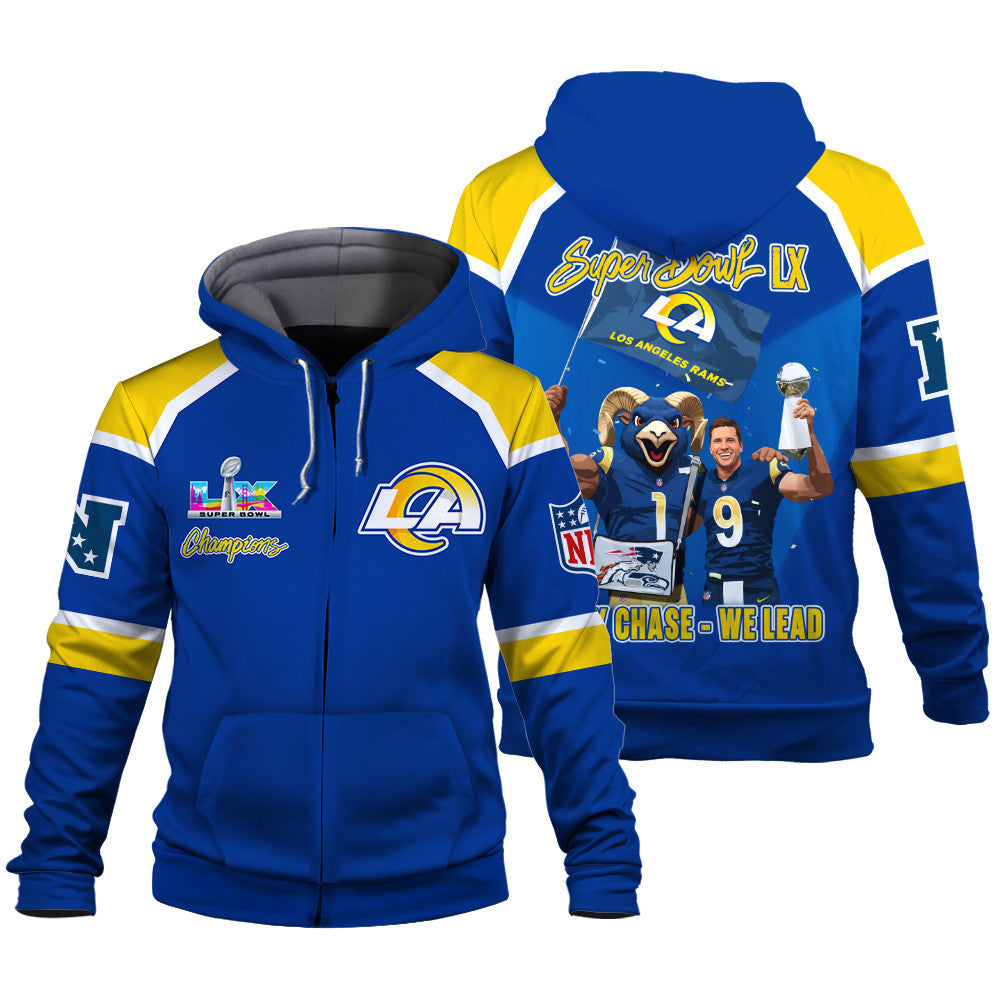 Los Angeles Rams Super Bowl LX Champions They Chase - We Lead 3D Zip Hoodie