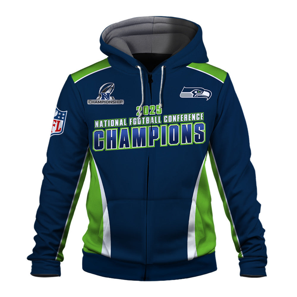 Seattle Seahawks 2025 NFC Champions – The Peak of Glory Is Back 3D Zip Hoodie