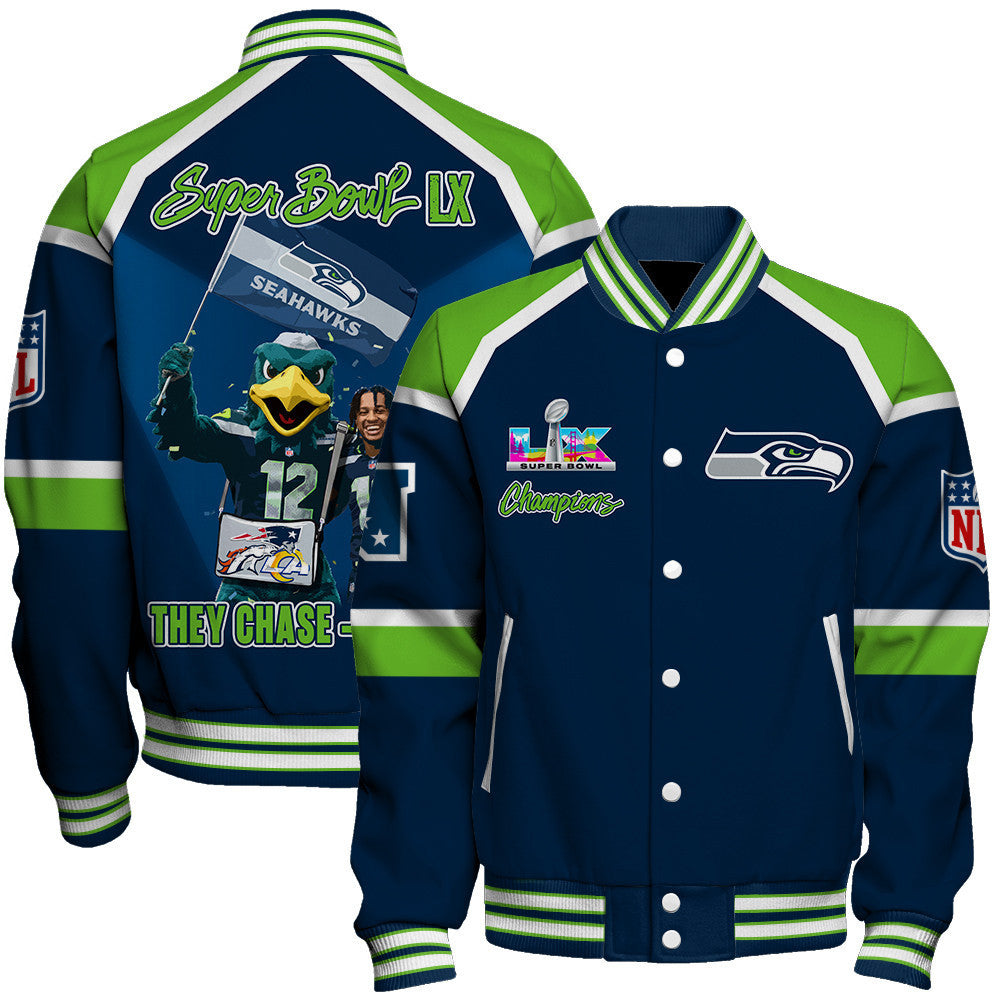 Seattle Seahawks Super Bowl LX Champions They Chase - We Lead Varsity Jacket
