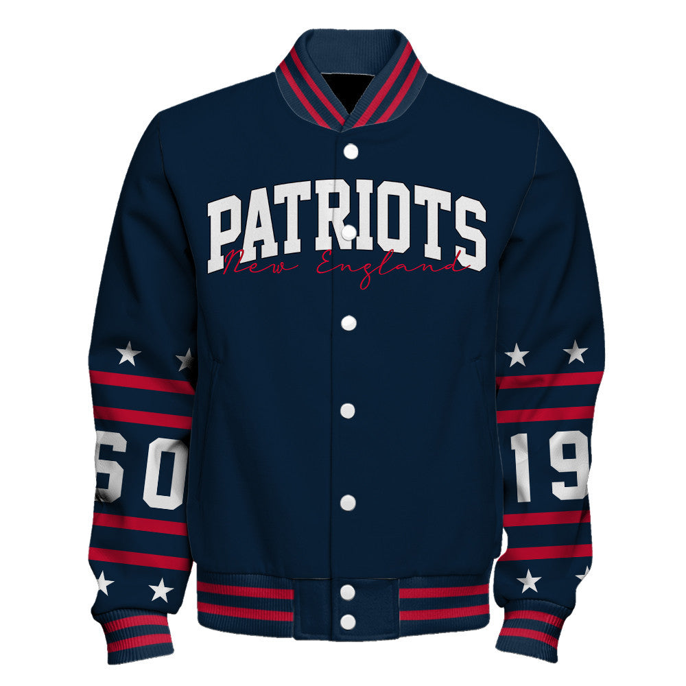 New England Patriots Striped Rib-Knit Design & Foundation Anniversary Graphics Varsity Jacket
