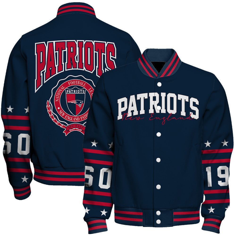 New England Patriots Striped Rib-Knit Design & Foundation Anniversary Graphics Varsity Jacket