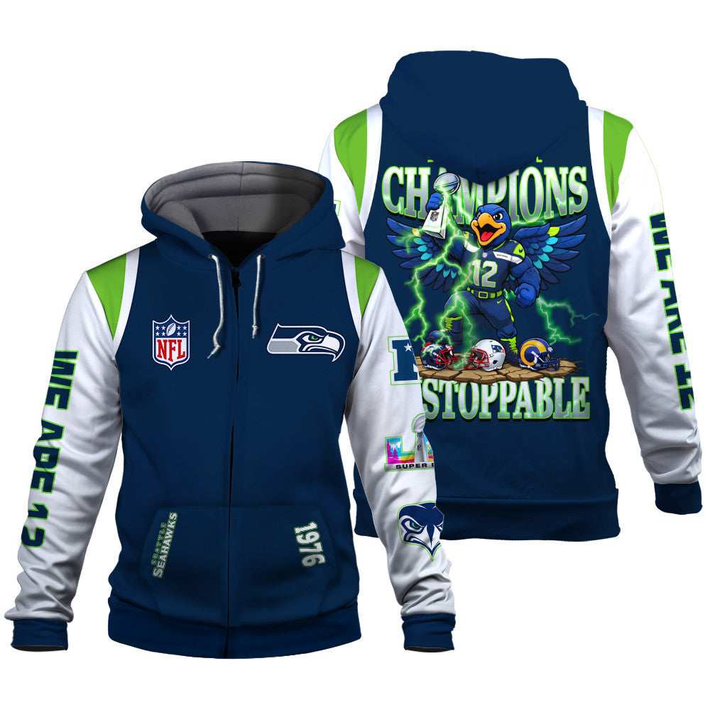 Seattle Seahawks 2025 Super Bowl Champions Unstoppable 3D Zip Hoodie