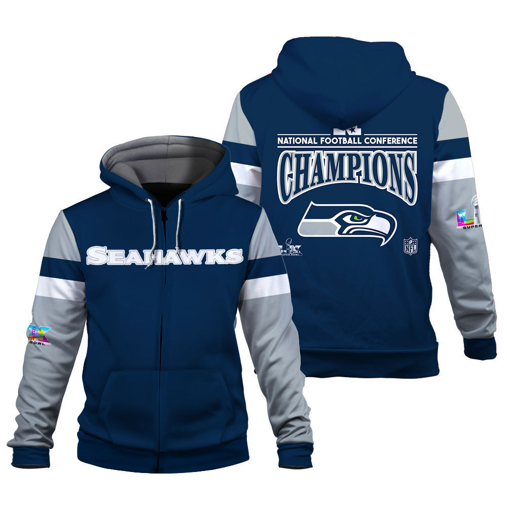 Seattle Seahawks National Football Conference Champions 2025 3D Zip Hoodie