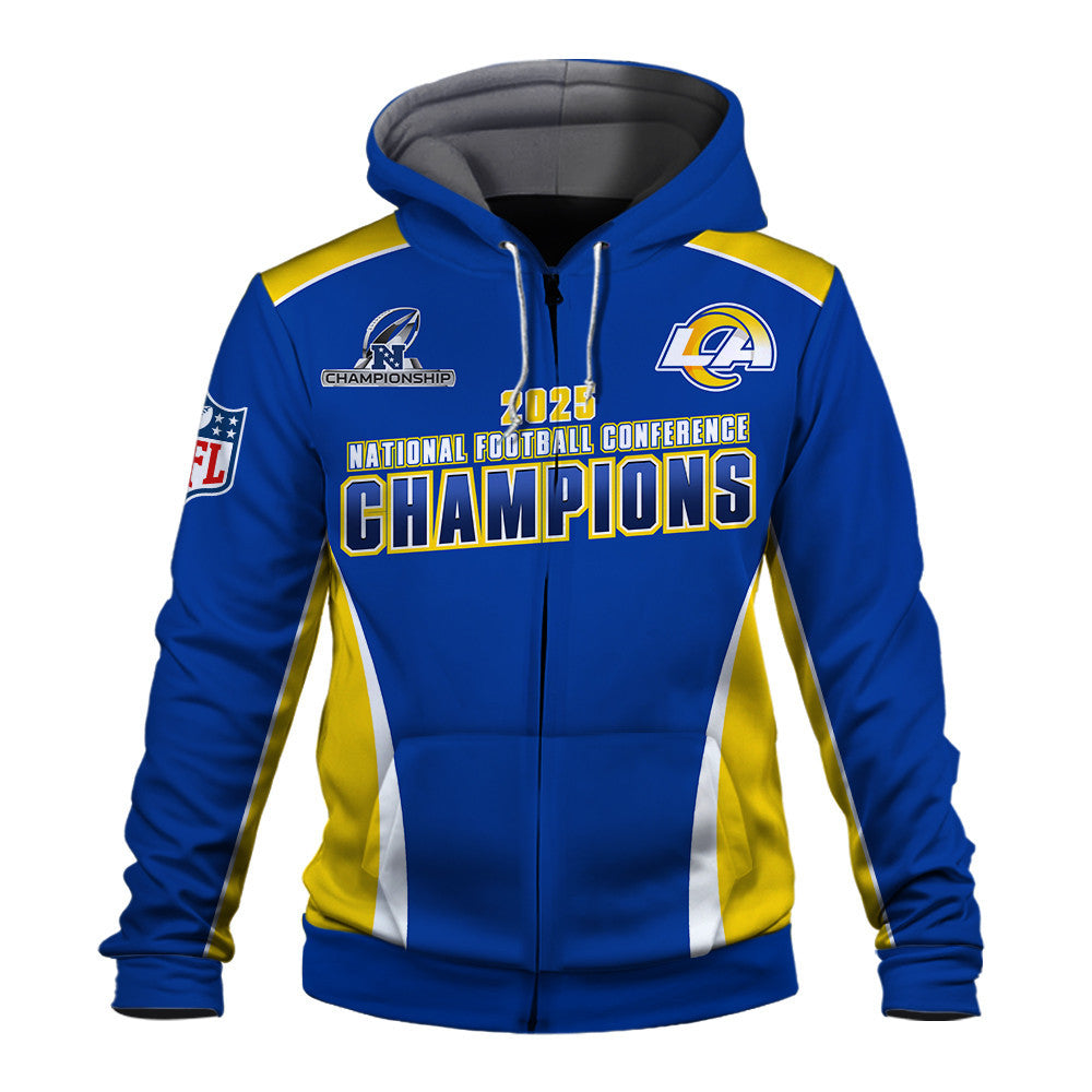 Los Angeles Rams 2025 NFC Champions – The Peak of Glory Is Back 3D Zip Hoodie
