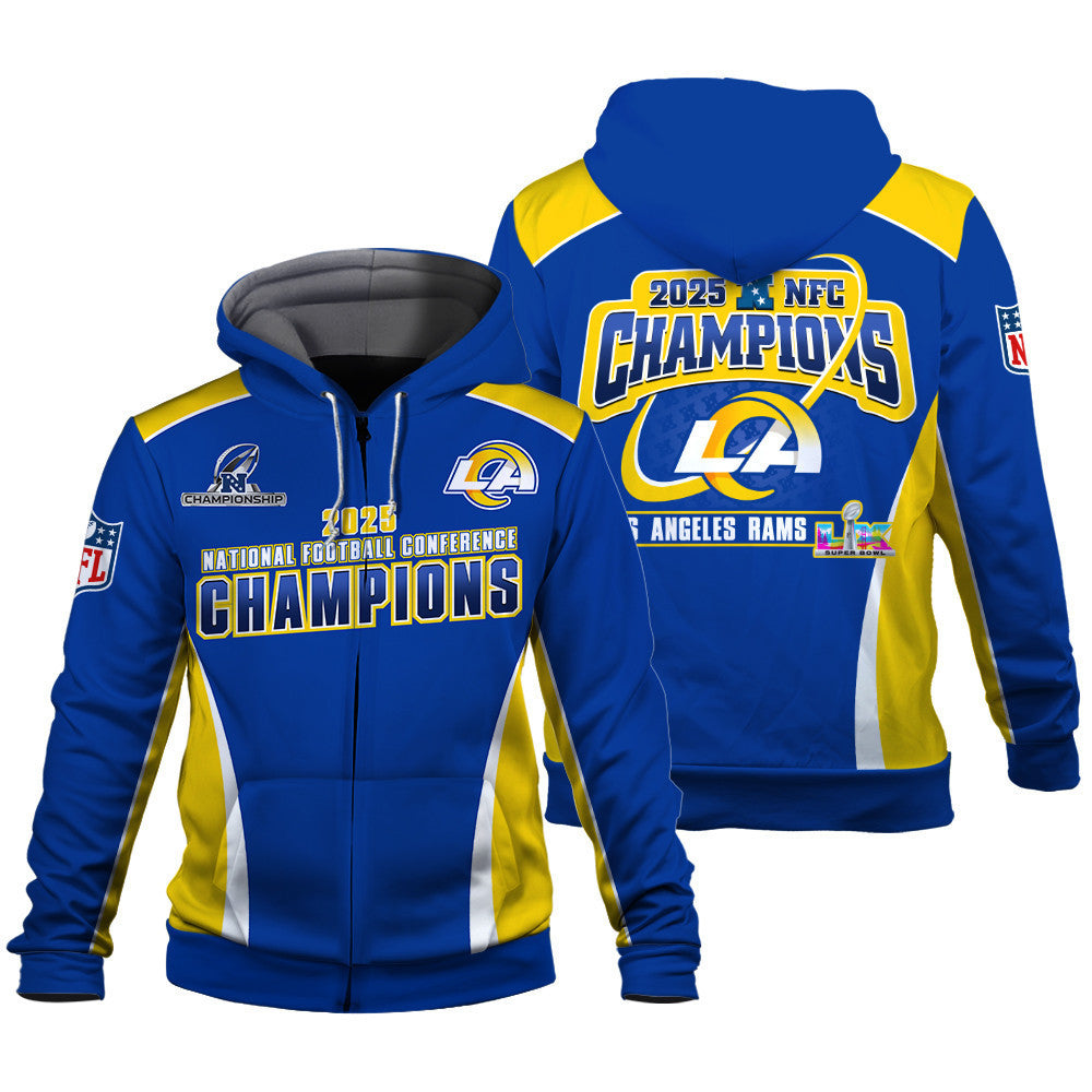 Los Angeles Rams 2025 NFC Champions – The Peak of Glory Is Back 3D Zip Hoodie