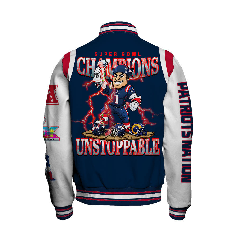 New England Patriots 2025 Super Bowl Champions Unstoppable Varsity Jacket