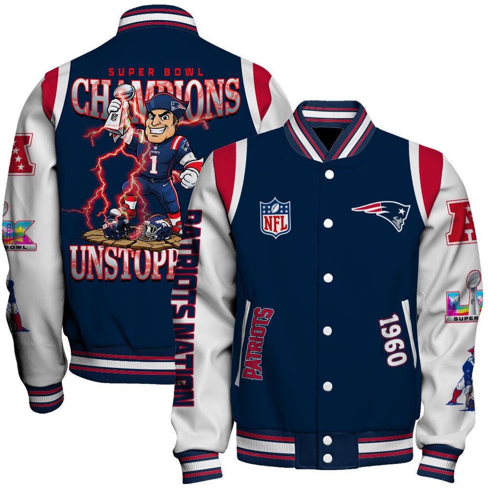 New England Patriots 2025 Super Bowl Champions Unstoppable Varsity Jacket