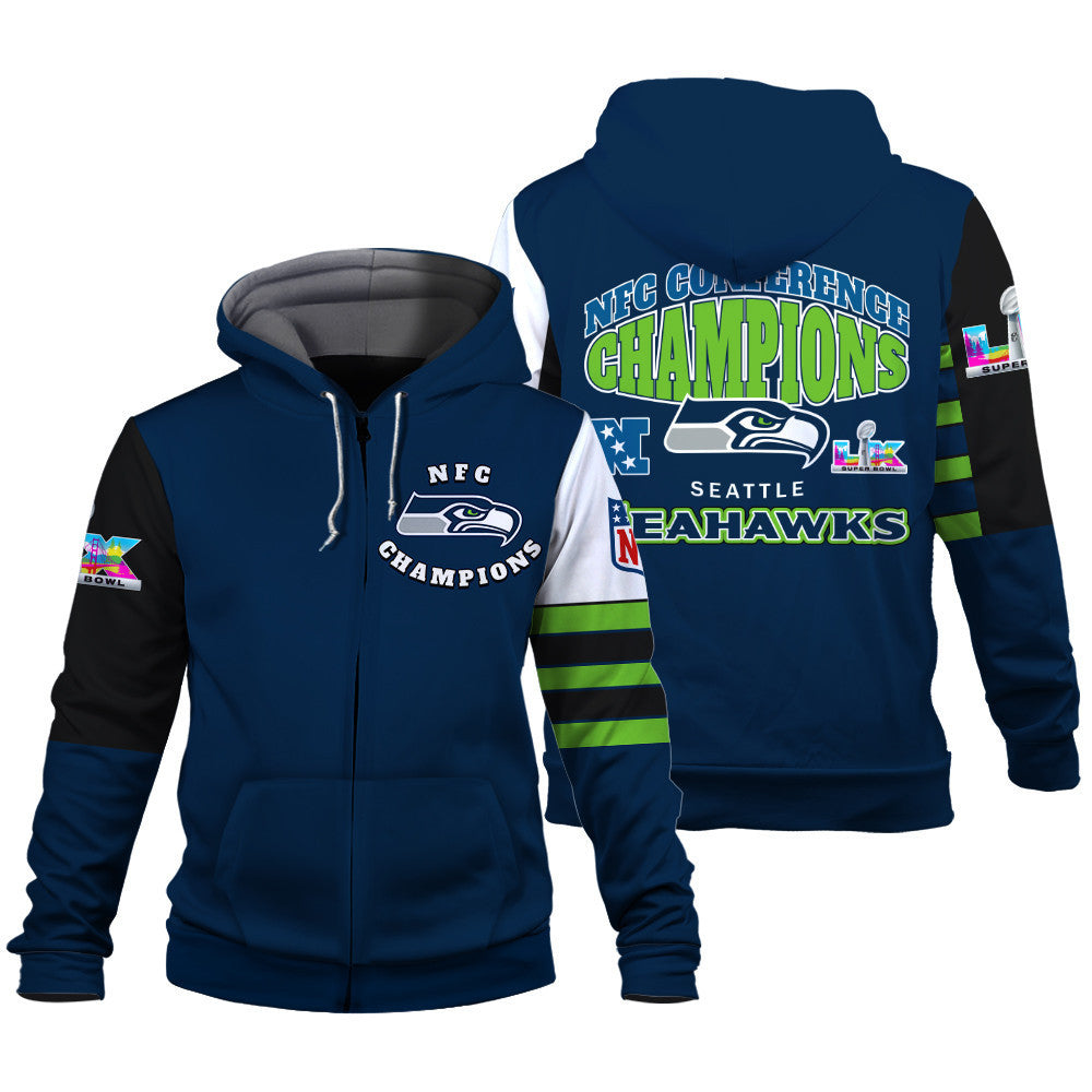Seattle Seahawks 2025 NFC Conference Champions: The Ultimate Victory 3D Zip Hoodie