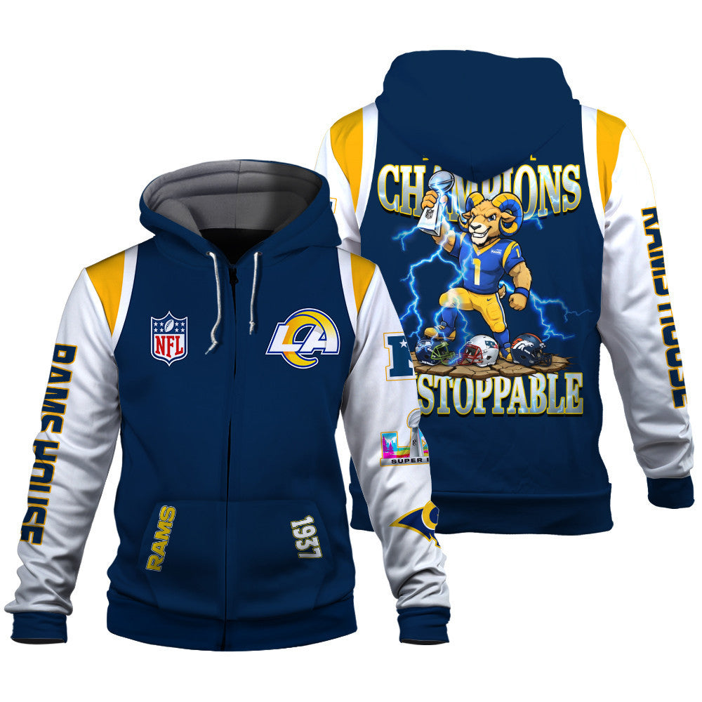 Los Angeles Rams 2025 Super Bowl Champions Unstoppable 3D Zip Hoodie
