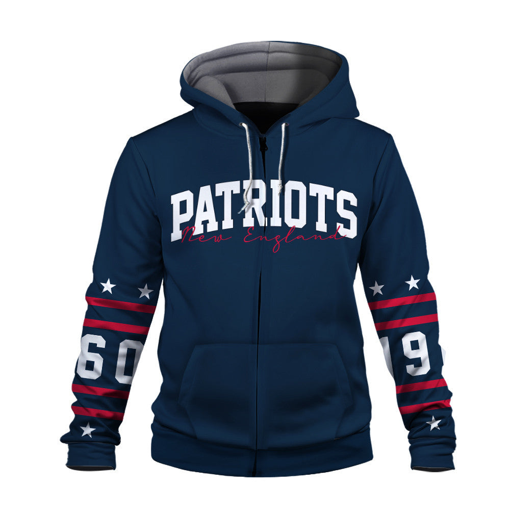 New England Patriots Striped Rib-Knit Design & Foundation Anniversary Graphics 3D Zip Hoodie