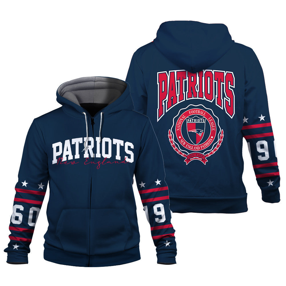 New England Patriots Striped Rib-Knit Design & Foundation Anniversary Graphics 3D Zip Hoodie