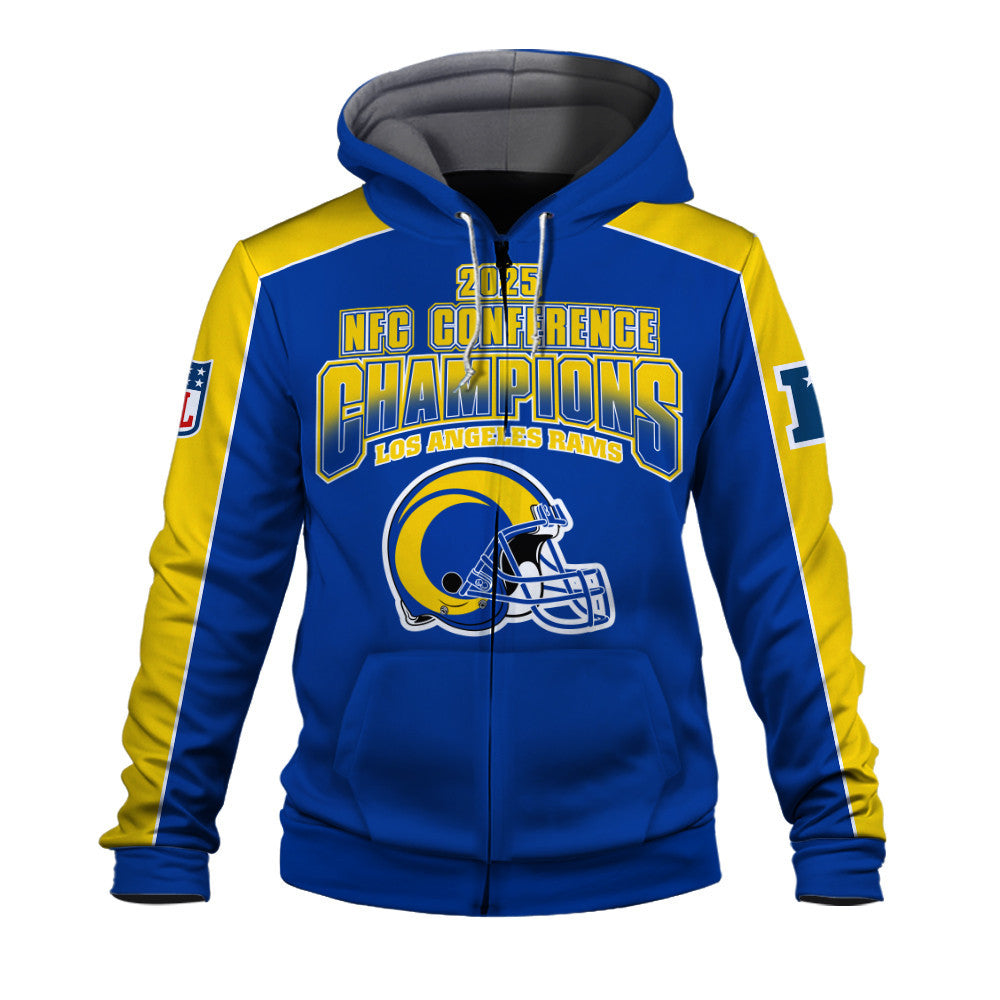 Los Angeles Rams Courage & Glory 2025 NFC Conference Champions 3D Zip Hoodie