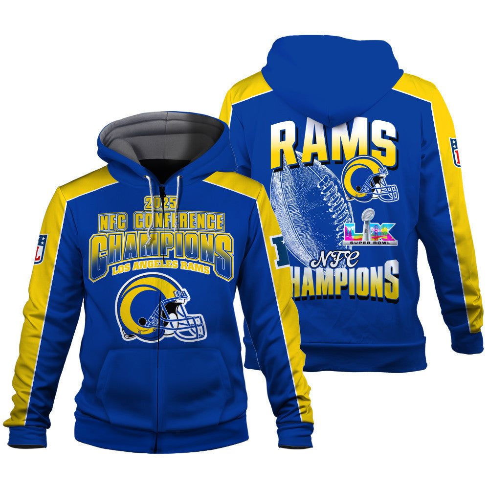 Los Angeles Rams Courage & Glory 2025 NFC Conference Champions 3D Zip Hoodie