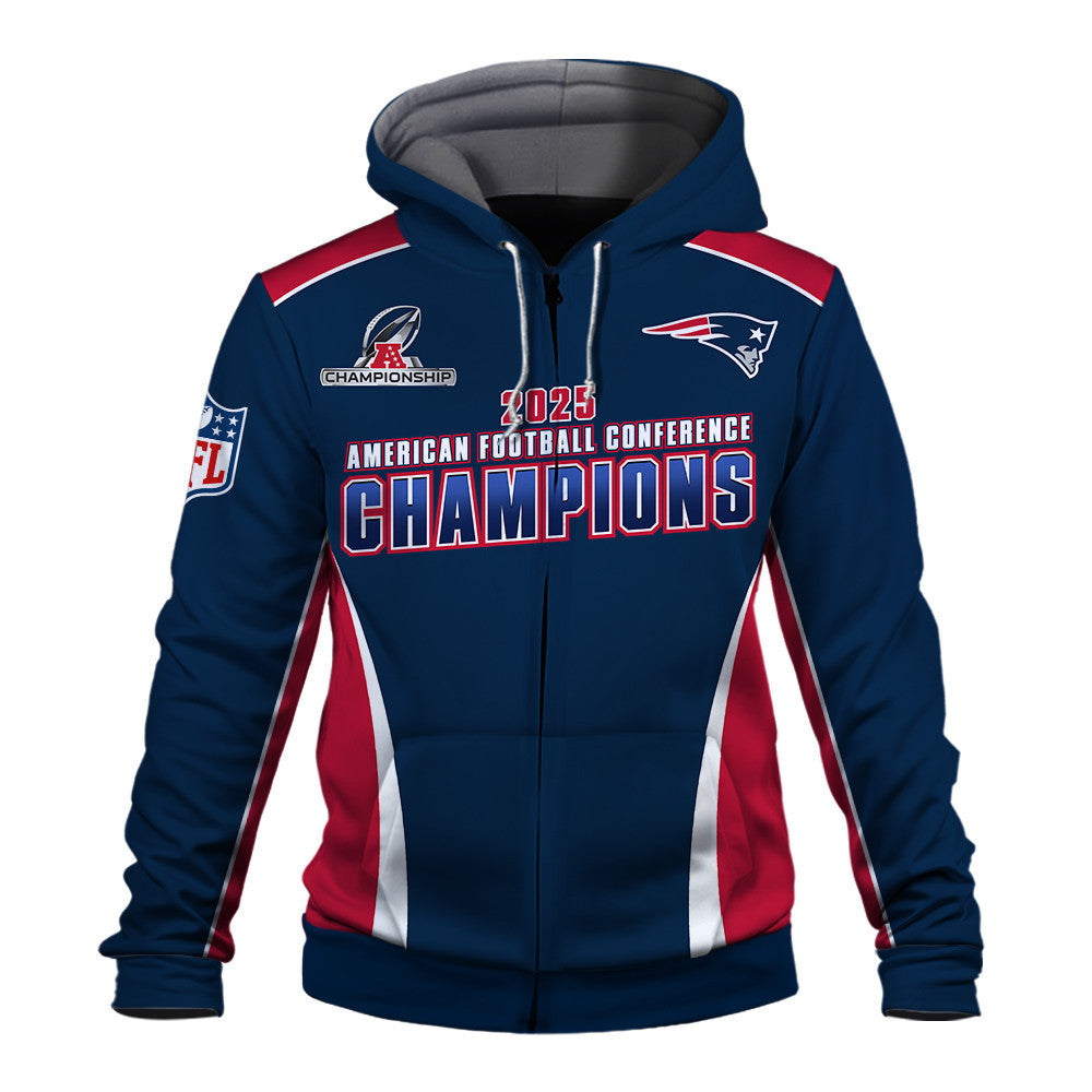 New England Patriots 2025 AFC Champions – The Peak of Glory Is Back 3D Zip Hoodie