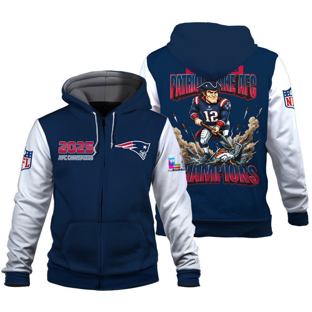New England Patriots 2025 AFC Champions: The "Patriots Take AFC" Masterpiece 3D Zip Hoodie