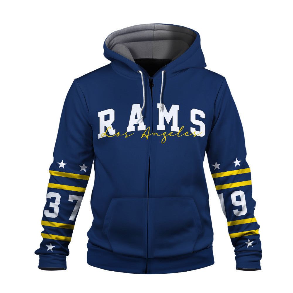 Los Angeles Rams Striped Rib-Knit Design & Foundation Anniversary Graphics 3D Zip Hoodie