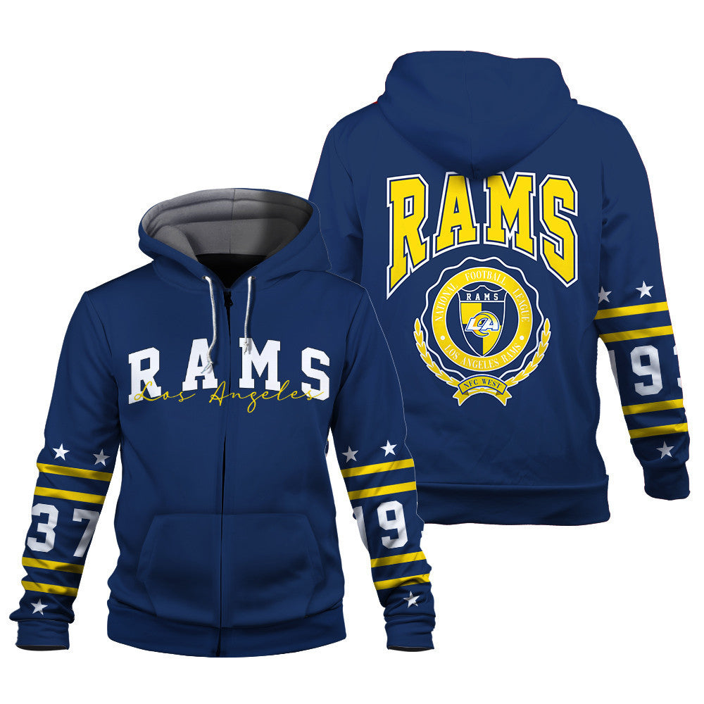 Los Angeles Rams Striped Rib-Knit Design & Foundation Anniversary Graphics 3D Zip Hoodie