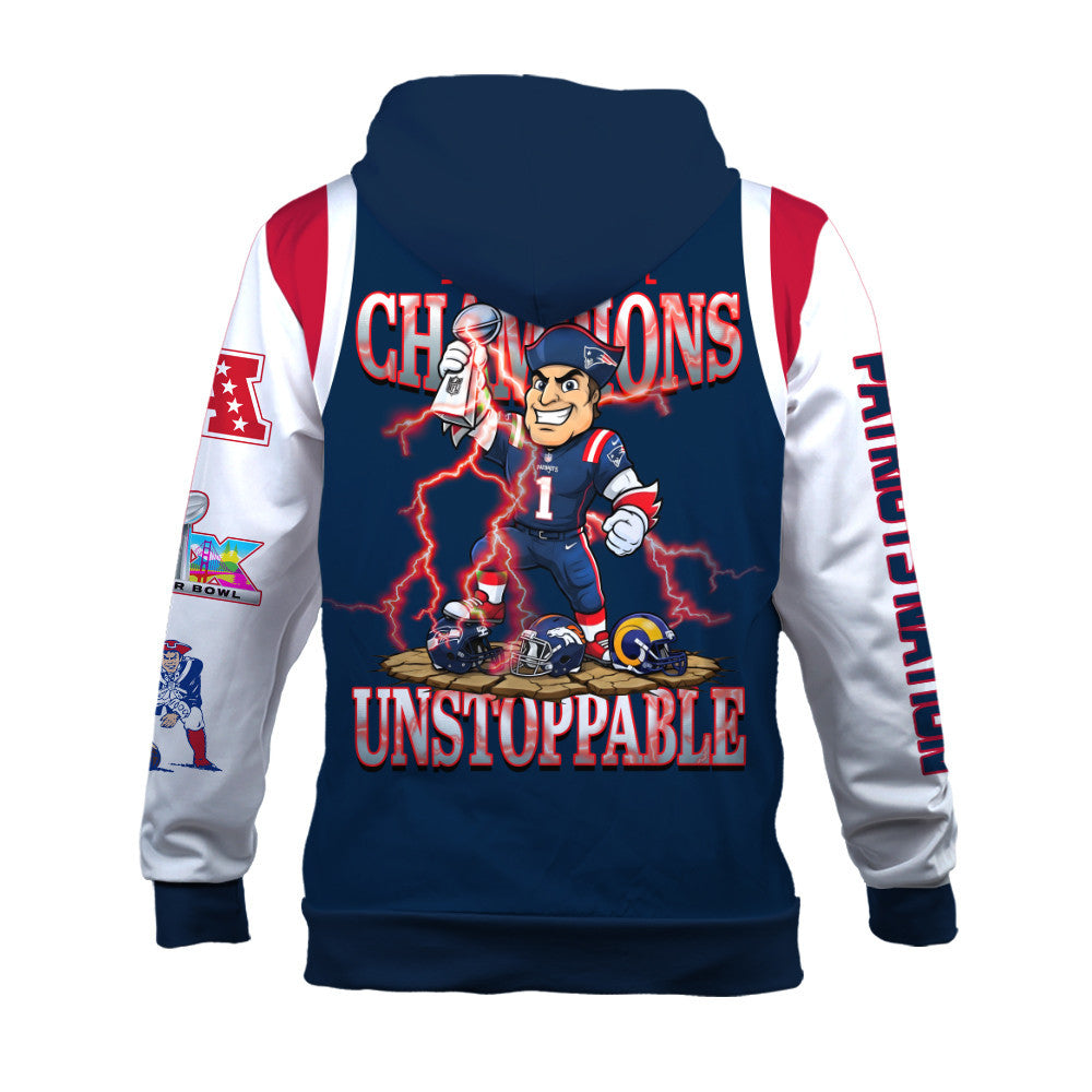 New England Patriots 2025 Super Bowl Champions Unstoppable 3D Hoodie