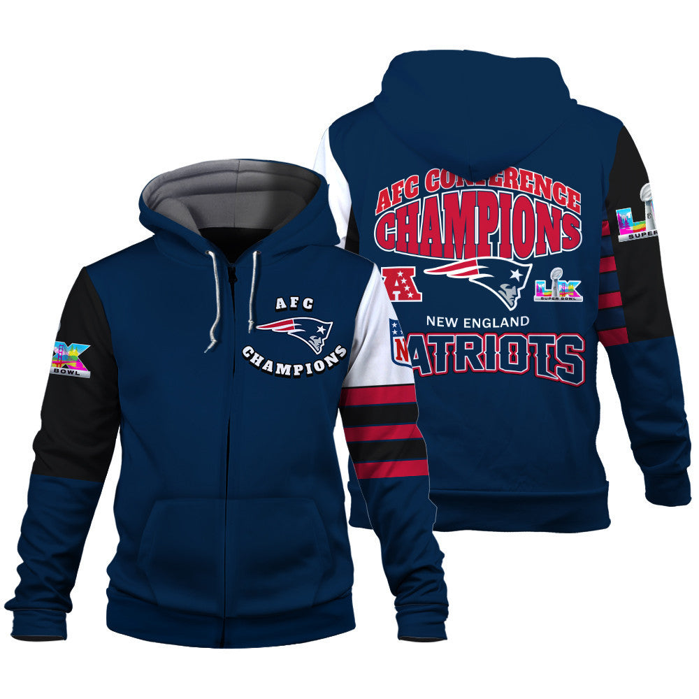 New England Patriots 2025 NFC Conference Champions: The Ultimate Victory 3D Zip Hoodie