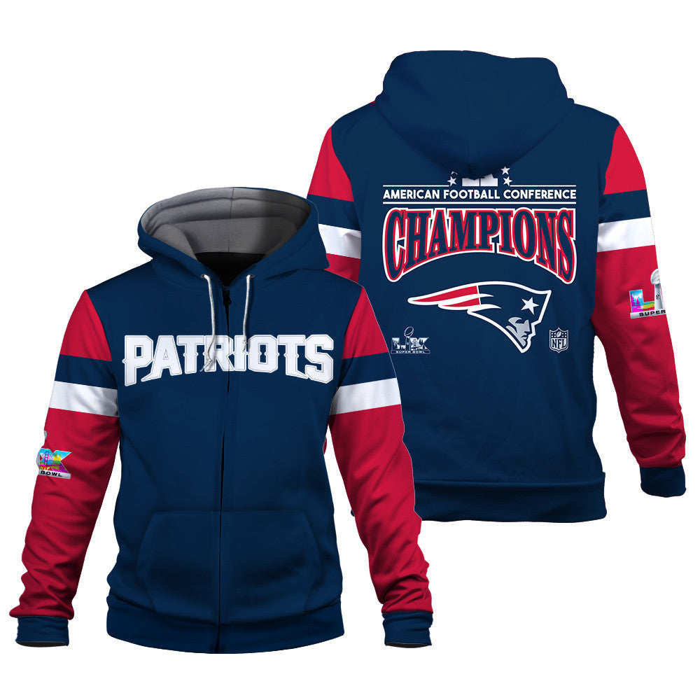 New England Patriots American Football Conference Champions 2025 3D Zip Hoodie