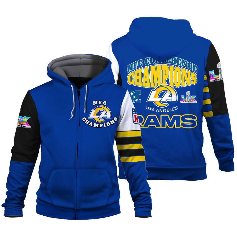 Los Angeles Rams 2025 NFC Conference Champions: The Ultimate Victory 3D Zip Hoodie