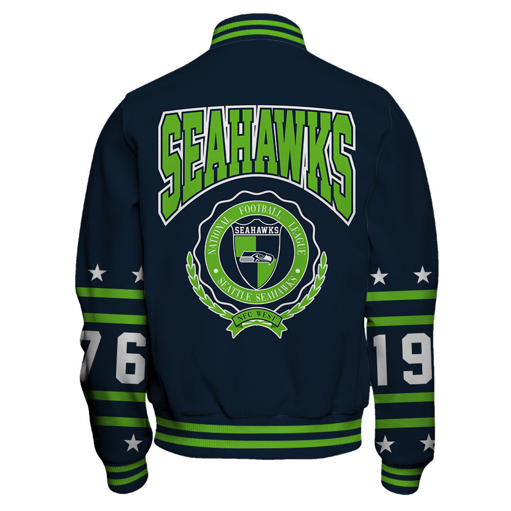 Seattle Seahawks Striped Rib-Knit Design & Foundation Anniversary Graphics Varsity Jacket