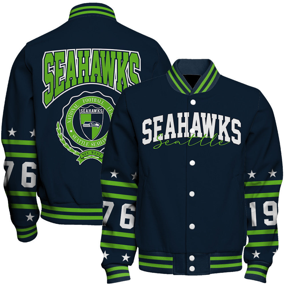 Seattle Seahawks Striped Rib-Knit Design & Foundation Anniversary Graphics Varsity Jacket