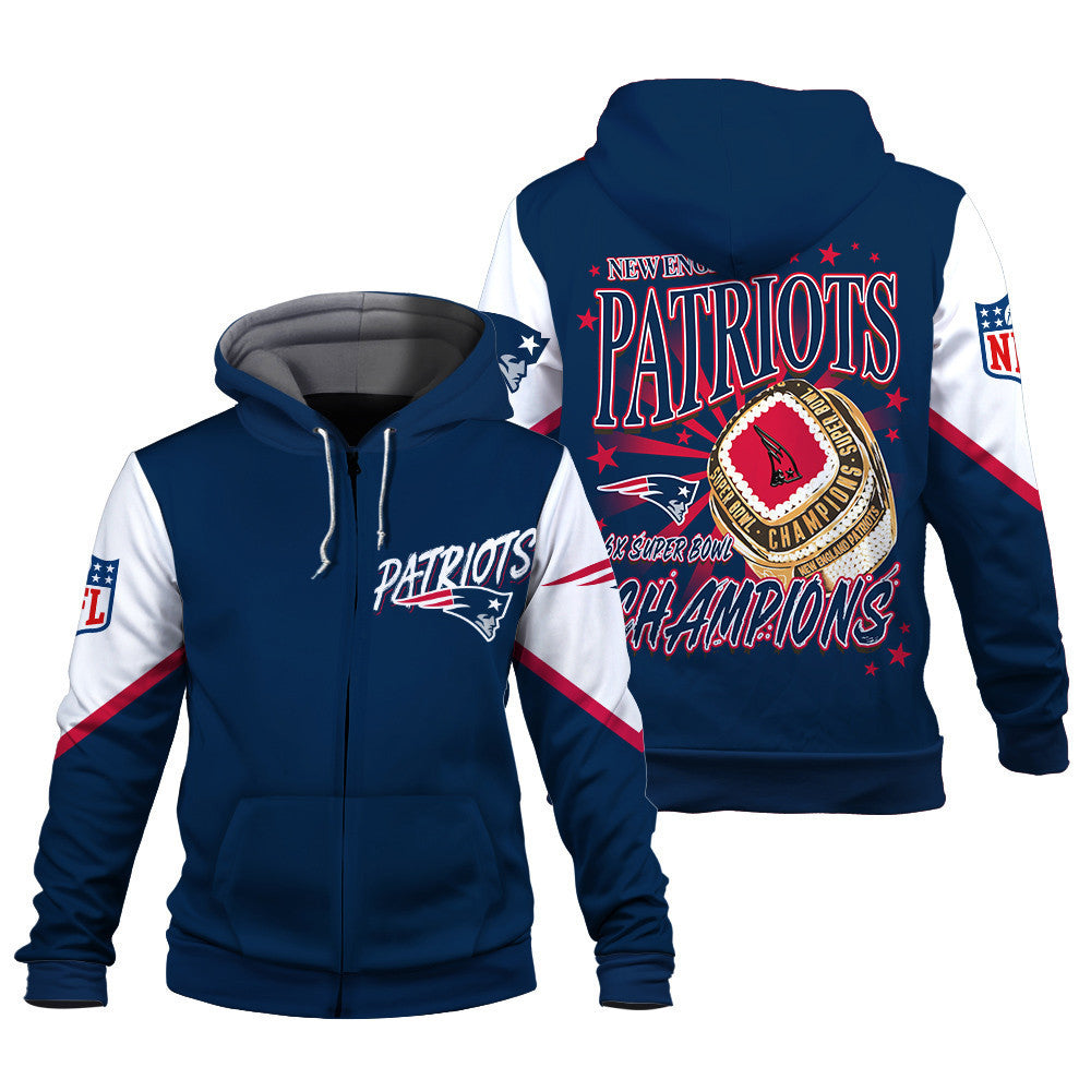 NFL New England Patriots 6X Super Bowl Champions Gold Ring 3D Zip Hoodie