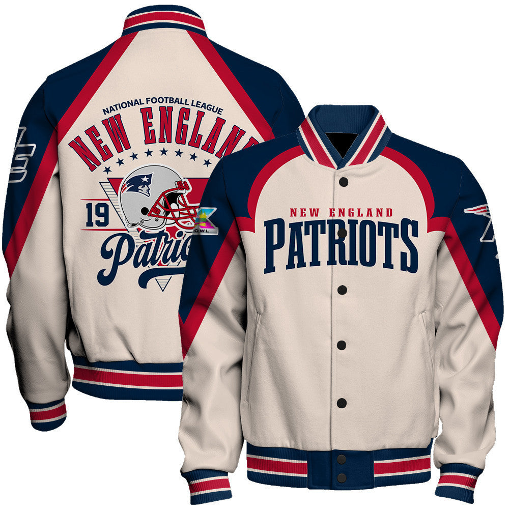 New England Patriots Premium 2025 Cream Colorway Varsity Jacket