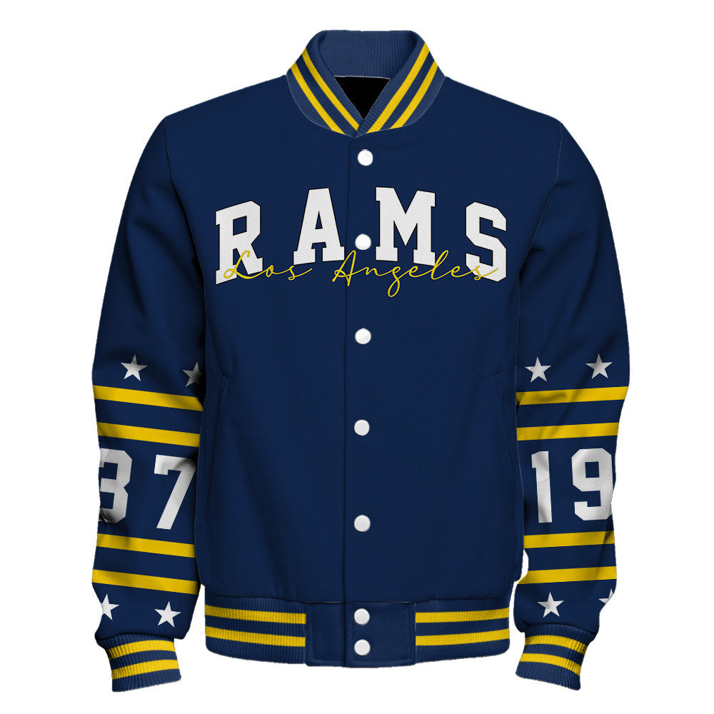 Los Angeles Rams Striped Rib-Knit Design & Foundation Anniversary Graphics Varsity Jacket