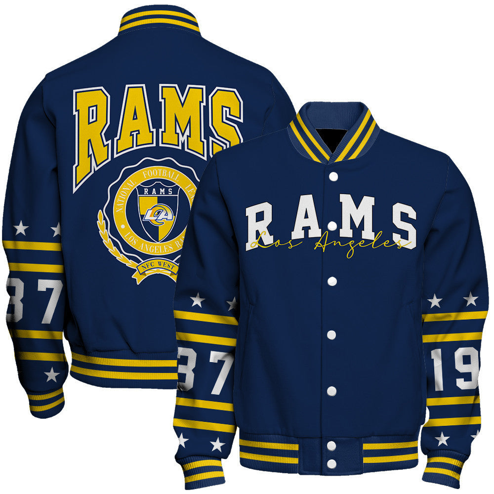 Los Angeles Rams Striped Rib-Knit Design & Foundation Anniversary Graphics Varsity Jacket